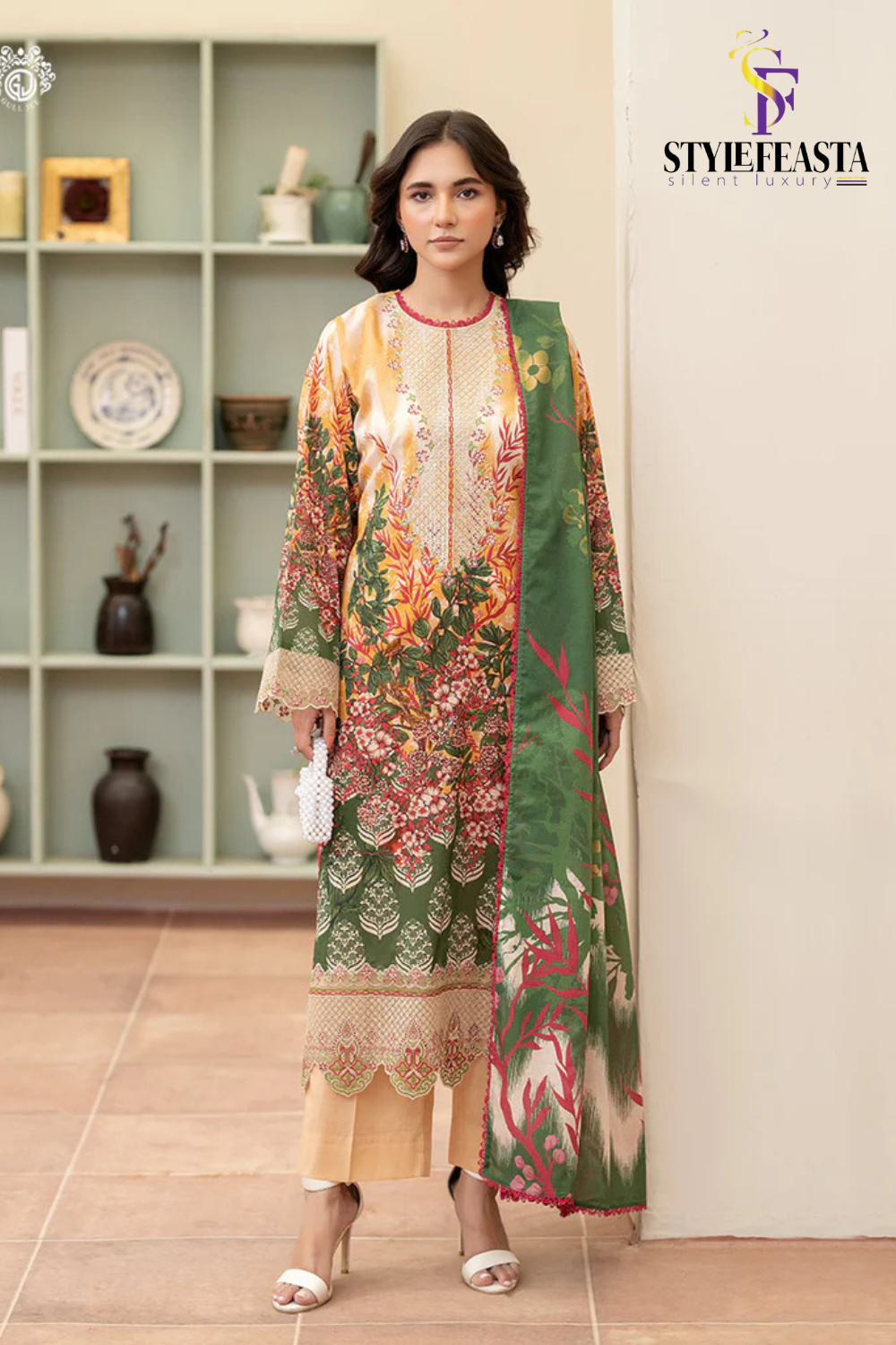 Untitled design-108 Morja by Gullji Cotton Lawn 3PC Unstitched Collection with Embroidered Neck & Chiffon Dupatta - Image 1