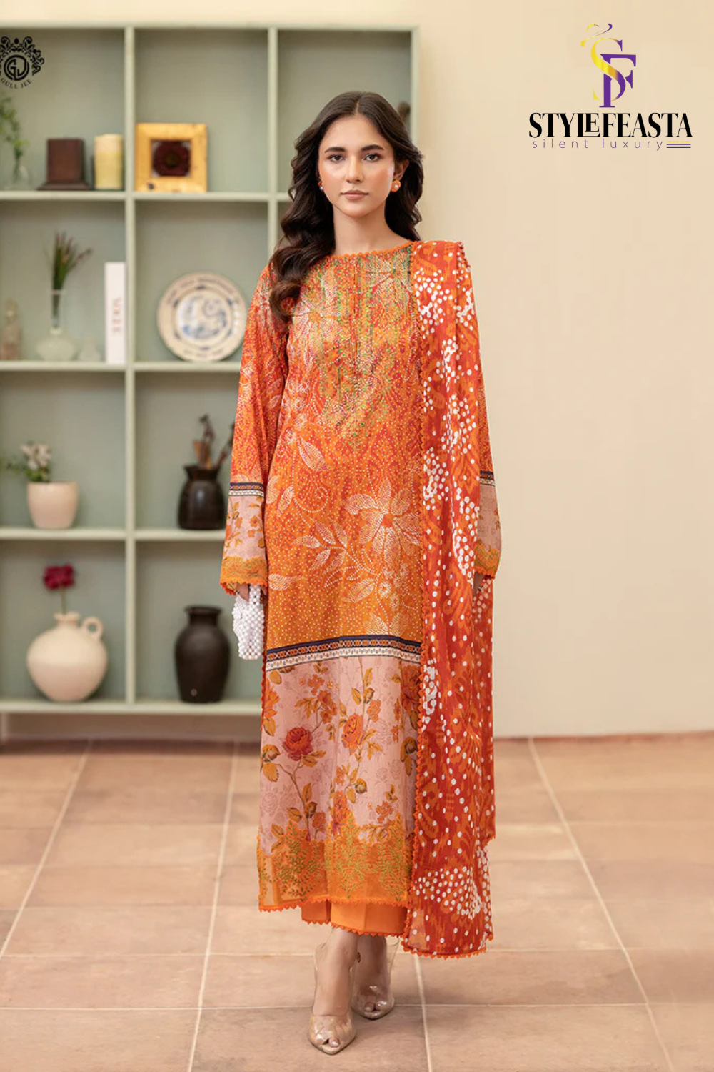 Untitled design-143 Morja by Gullji Cotton Lawn 3PC Unstitched Collection with Embroidered Neck & Chiffon Dupatta - Image 1