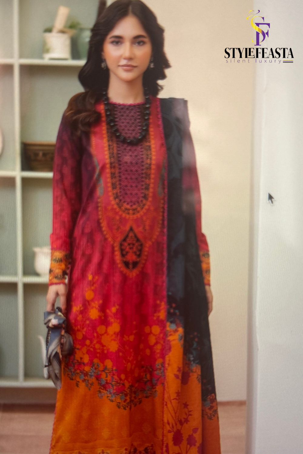 Untitled design-183 Morja by Gullji Cotton Lawn 3PC Unstitched Collection with Embroidered Neck & Chiffon Dupatta - Image 1